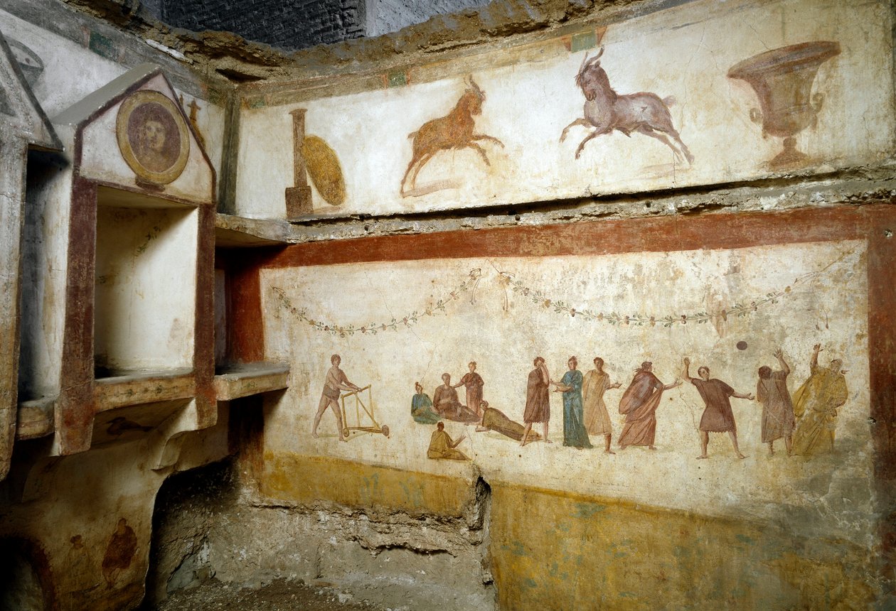 Arte romana: giovani che giocano. Affreschi che decorano una tomba della Via Portuense. II secolo. Roma, Museo Nazionale Romano da Roman