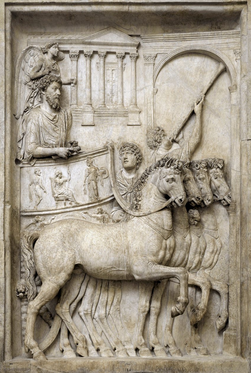 Imperatore romano Marco Aurelio sul suo carro trionfale, II secolo da Roman