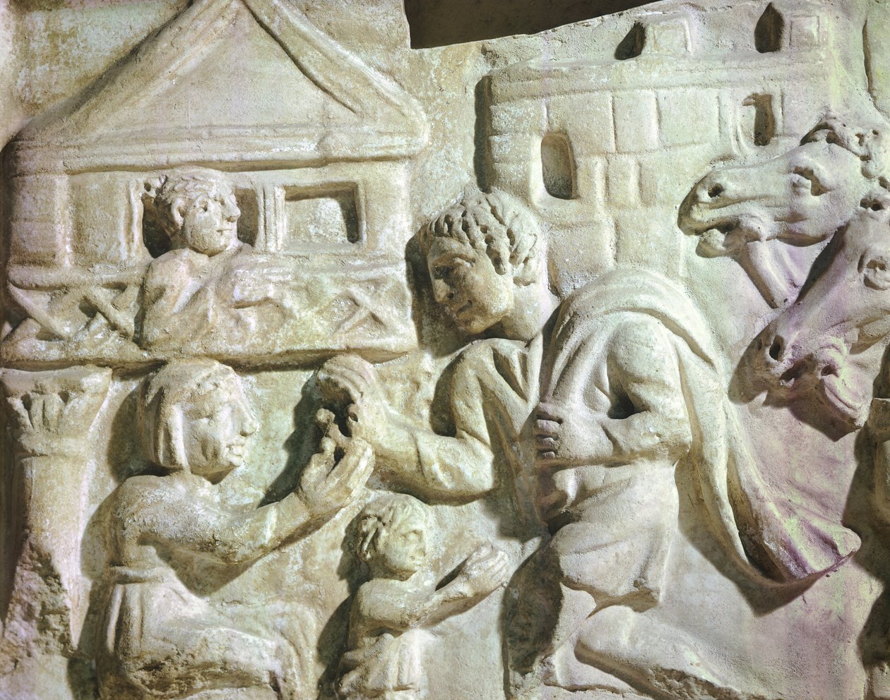 Scena di caccia al cervo con reti, Scarcofago romano, IV secolo (rilievo) da Roman