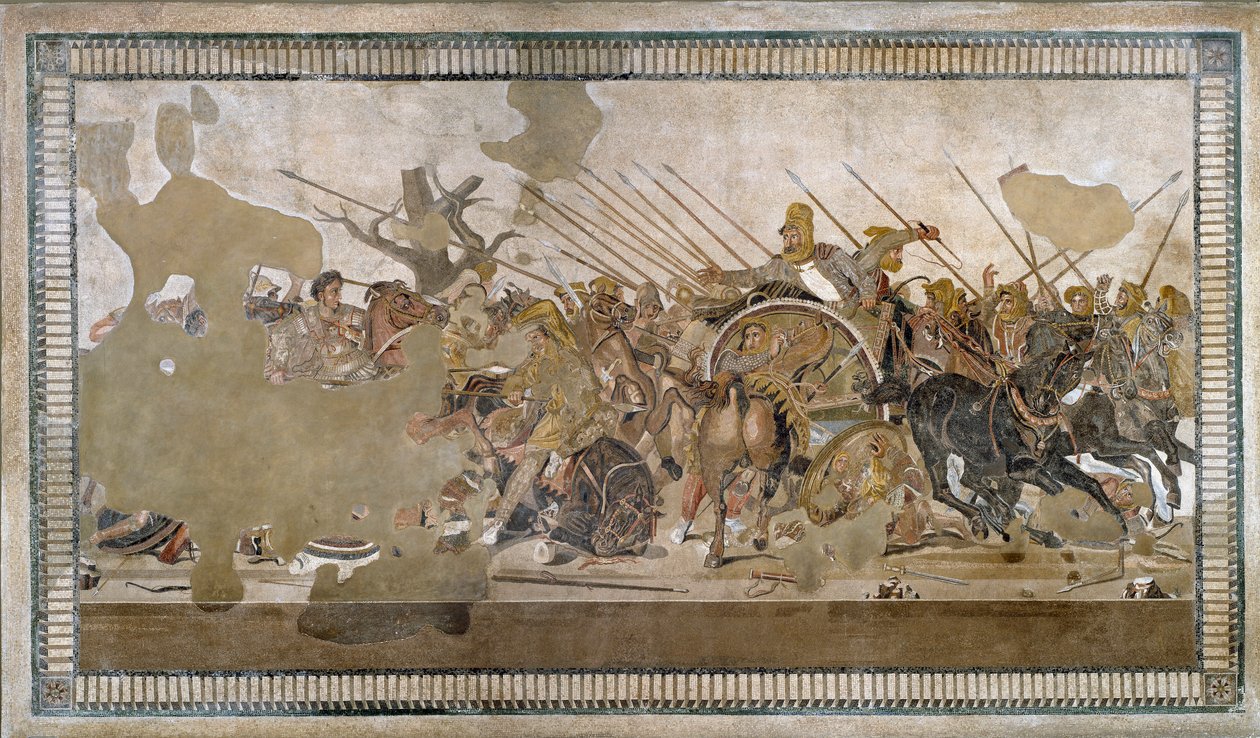 La battaglia di Isso vinta da Alessandro Magno contro Dario III. Mosaico di Pompei da Roman