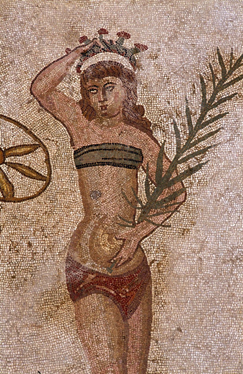 Giovani romani impegnati in esercizi fisici. Indossano un perizoma intorno ai reni e uno strophium (antenato del reggiseno) sul petto. Un perizoma intorno ai reni. Il ramo di palma che tengono è un simbolo di vittoria. Mosaico romano del III-IV secolo dell da Roman