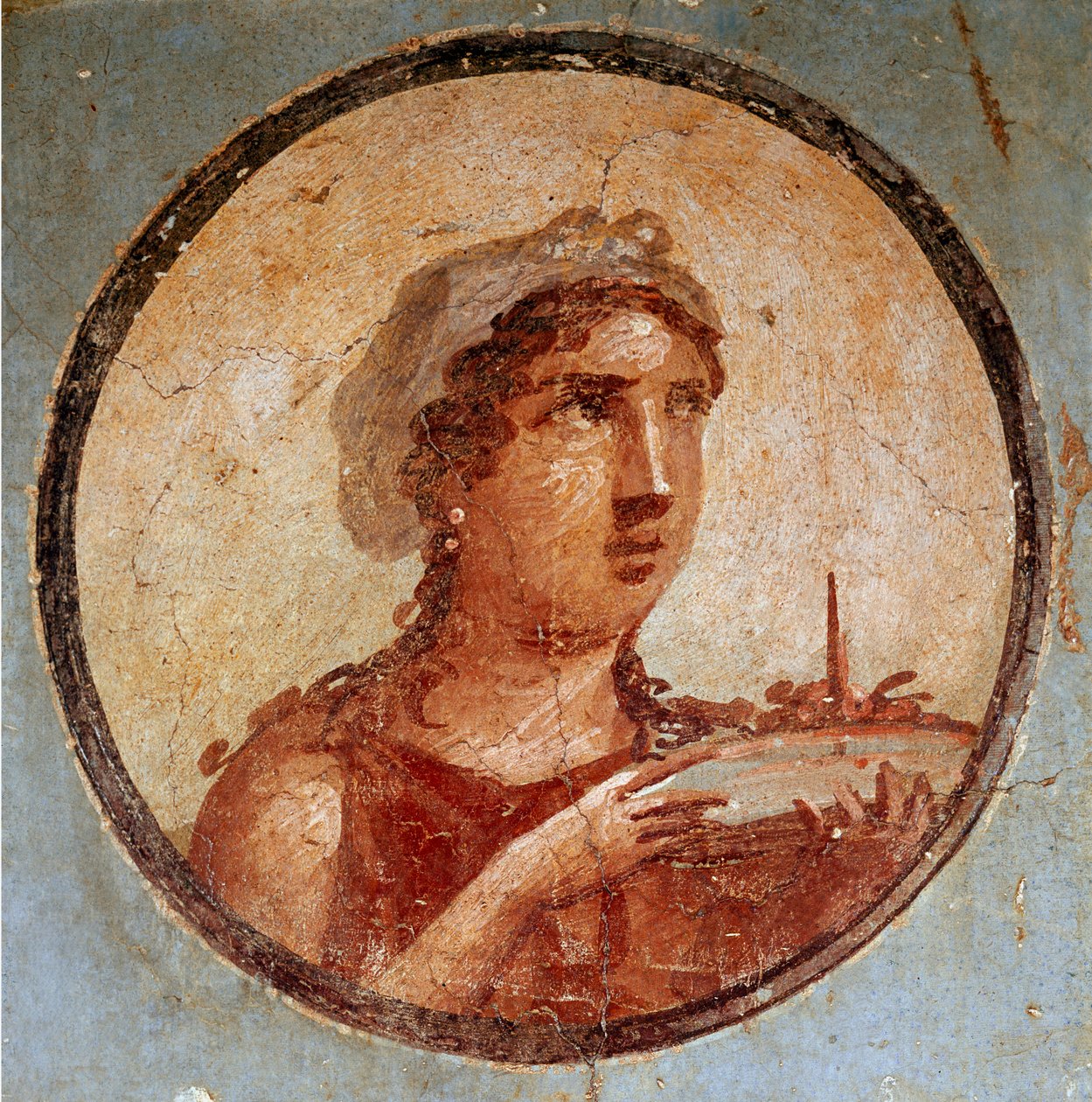 Giovane ragazza con un piatto di cibo (affresco) da Roman