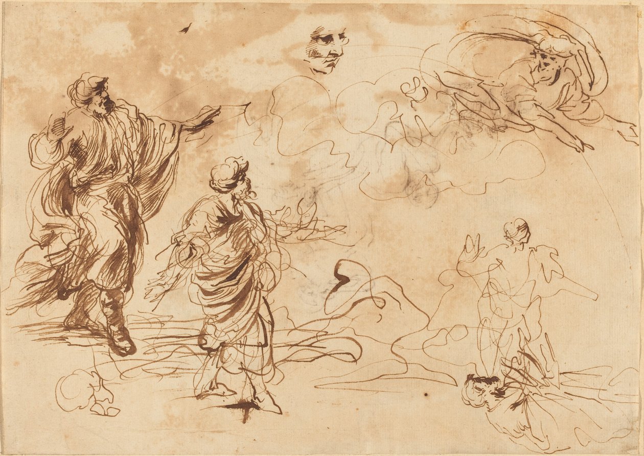 Studi per una scena biblica con Dio Padre che appare a una figura maschile barbuta da Roman 17th Century