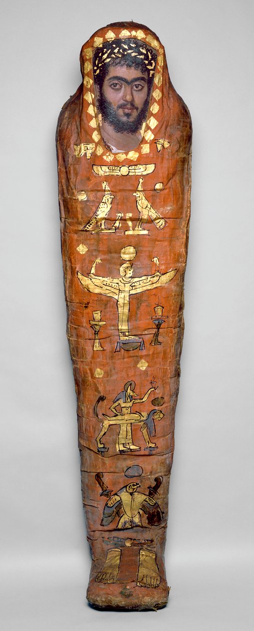 Mummia di giovane uomo, con ritratto a encausto, da El-Hibeh (resti umani avvolti in lino con pannello di legno dipinto) da Roman Period Egyptian