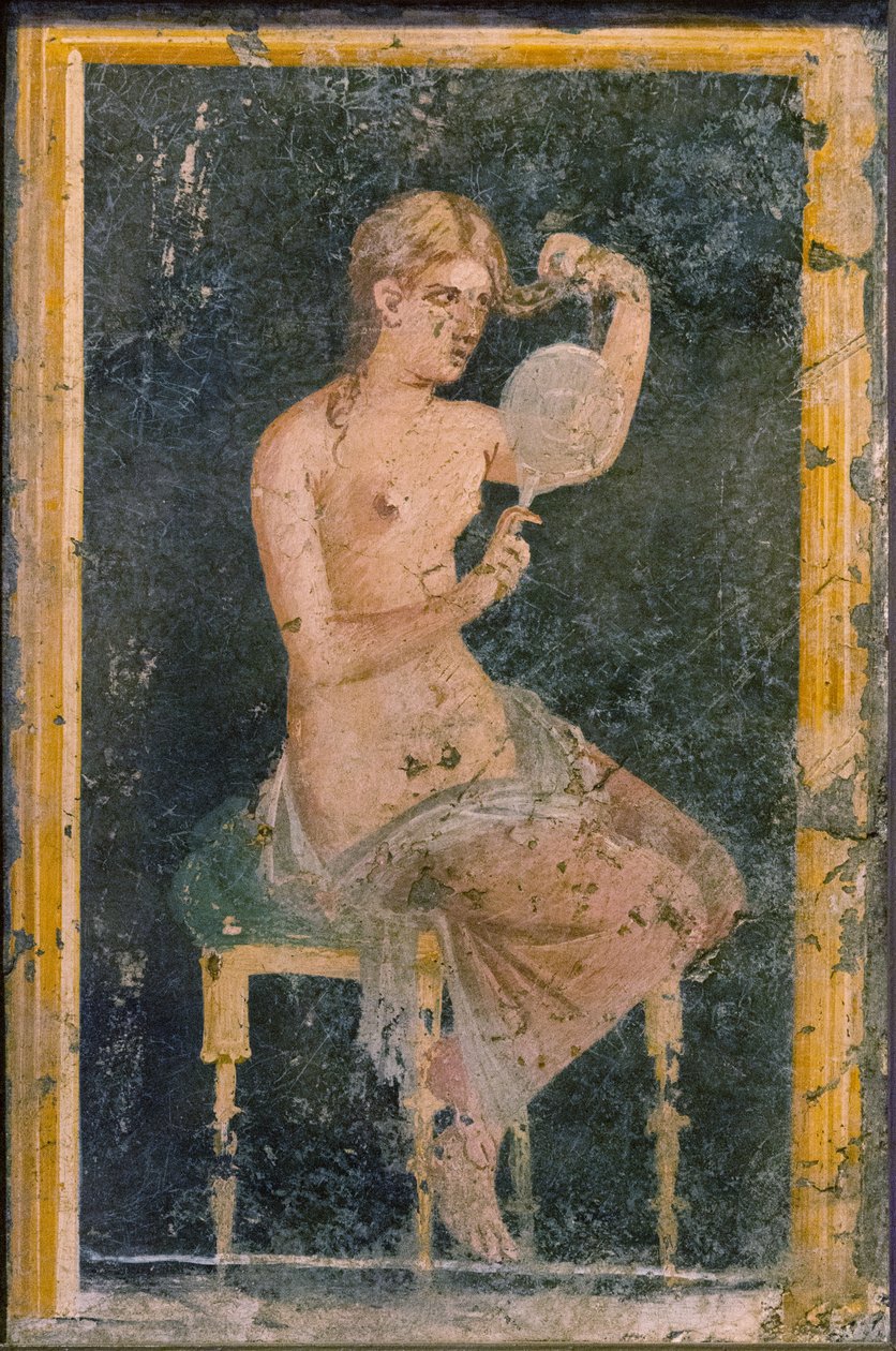 Donna con uno specchio, 1a metà del 1° sec. d.C. da Roman Pompeian wall painting.