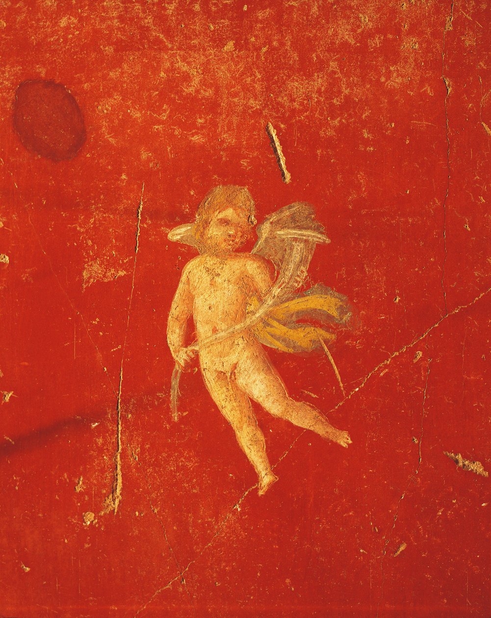 Cherubino su sfondo rosso pompeiano, affresco in Quarto Stile Pompeiano, dalla Casa di Pinario Ceriale, Pompei, Campania, Civiltà Romana da Roman Roman