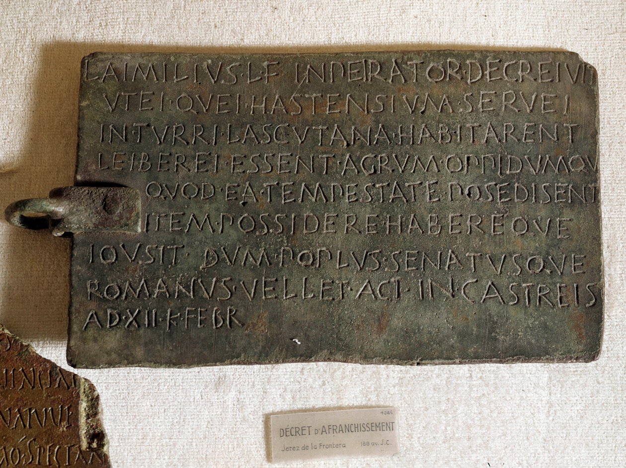 Decreto di affrancatura in latino su lastra di bronzo: promulgato il 21 gennaio da Roman Roman