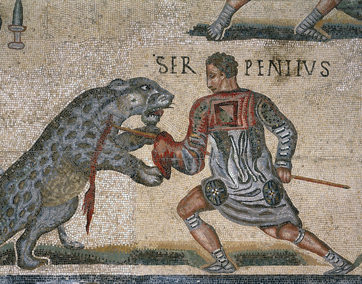 Dettaglio di un mosaico di una lotta di gladiatori, originariamente da Torre Nuova da Roman Roman