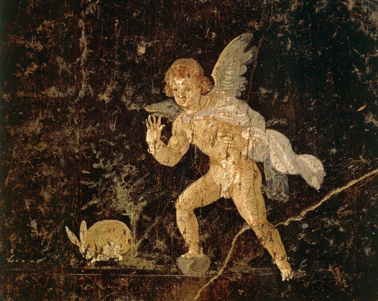 Affresco che raffigura Cupido che caccia una lepre da Pompei, provincia di Napoli, Italia, civiltà romana da Roman Roman