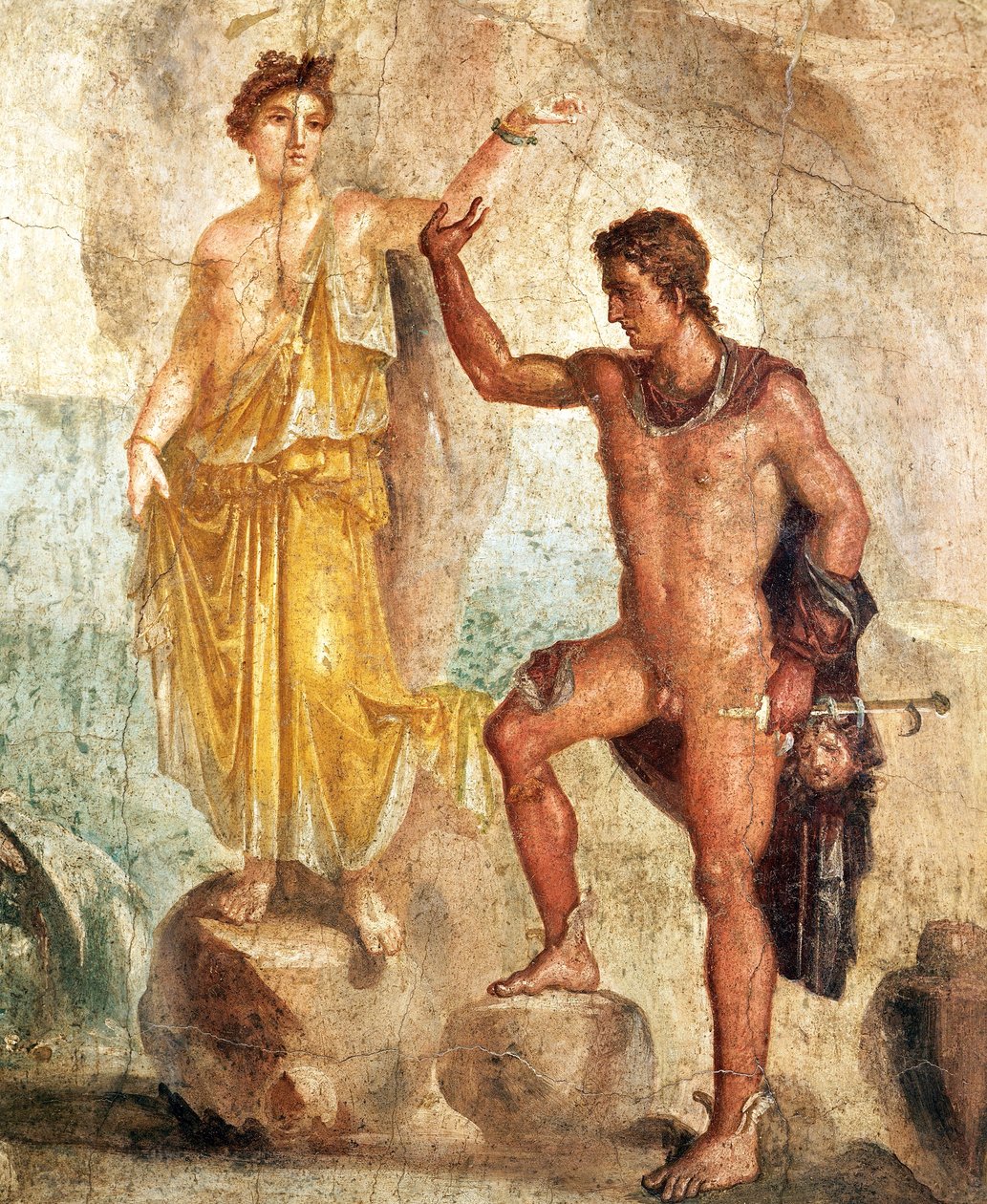 Affresco che raffigura Perseo e Andromeda, pittura su intonaco da Roman Roman