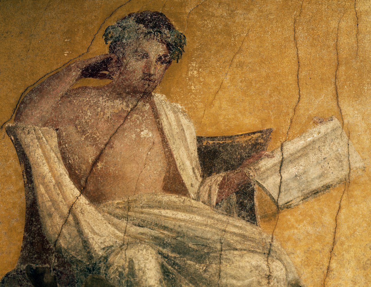 Drammaturgo greco Menandro, dettaglio da affresco, peristilio della Casa di Menandro, Pompei, Campania, Italia, civiltà romana da Roman Roman