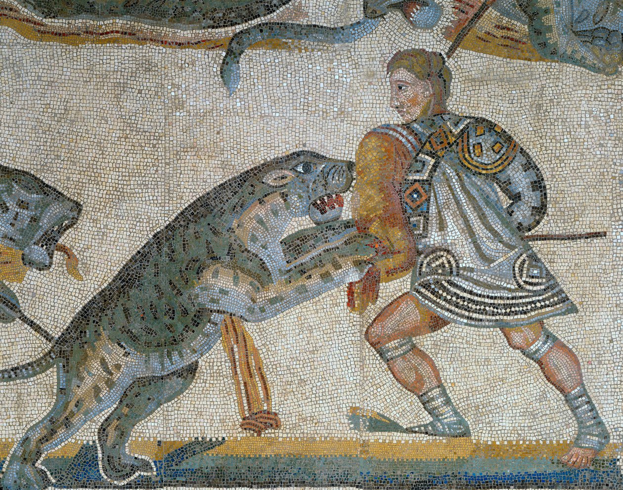 Mosaico che mostra una scena di caccia alle bestie selvatiche, dettaglio di un gladiatore che uccide un animale selvatico da Roman Roman