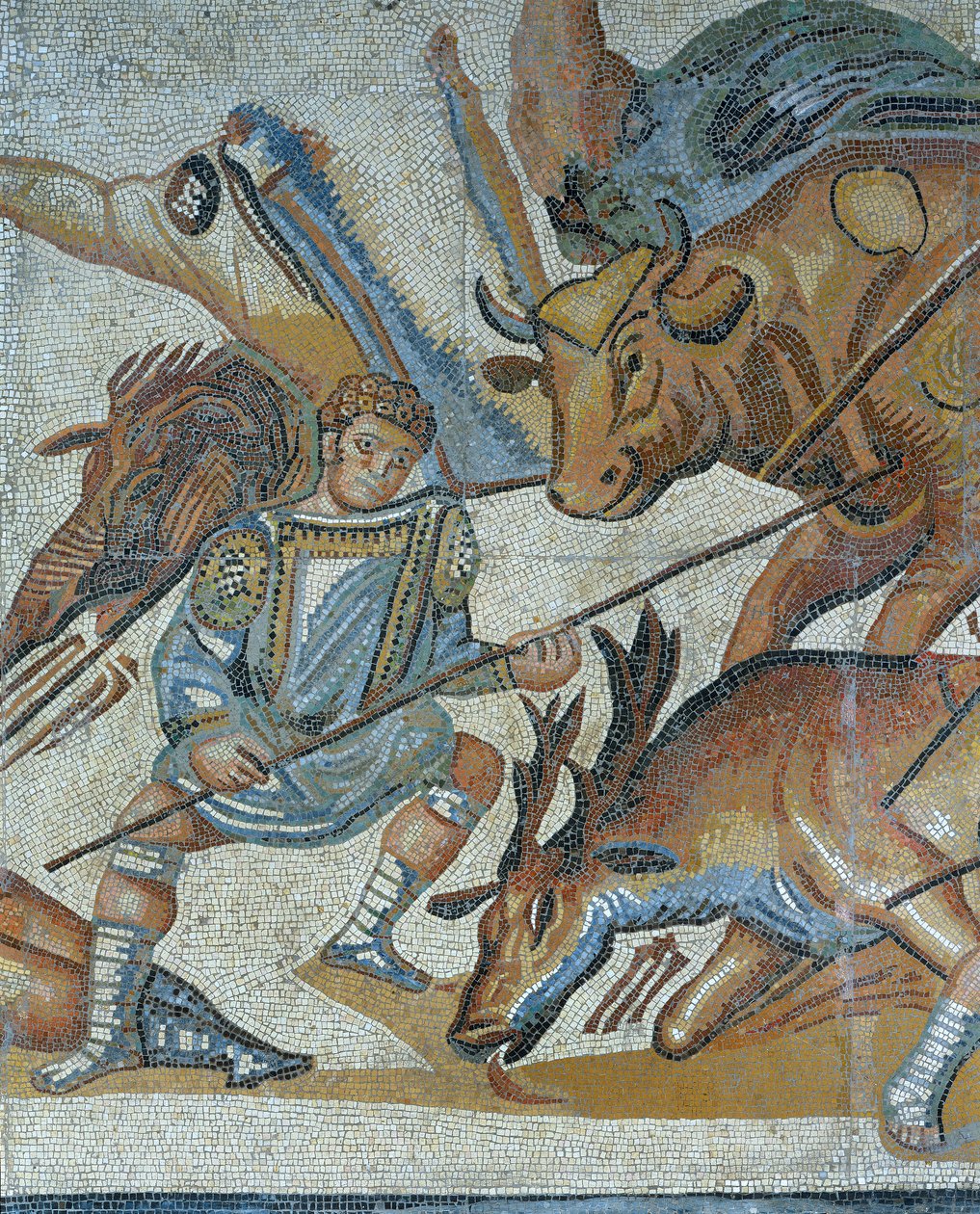 Mosaico che mostra una scena di caccia alle bestie selvatiche, dettaglio di un gladiatore che uccide un animale da Roman Roman