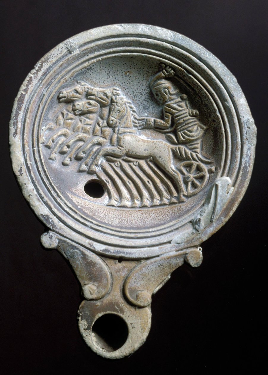 Lampada ad olio raffigurante una carrozza da corsa con quattro cavalli (terracotta) da Roman Roman