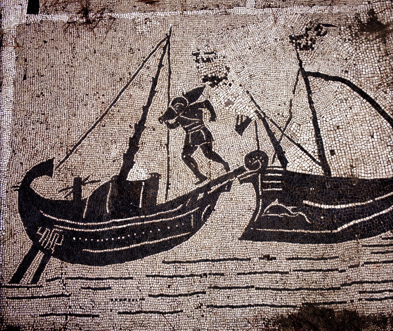 Ostia Antica, Mosaico della Piazza delle Corporazioni. Caricamento di una barca da Roman Roman
