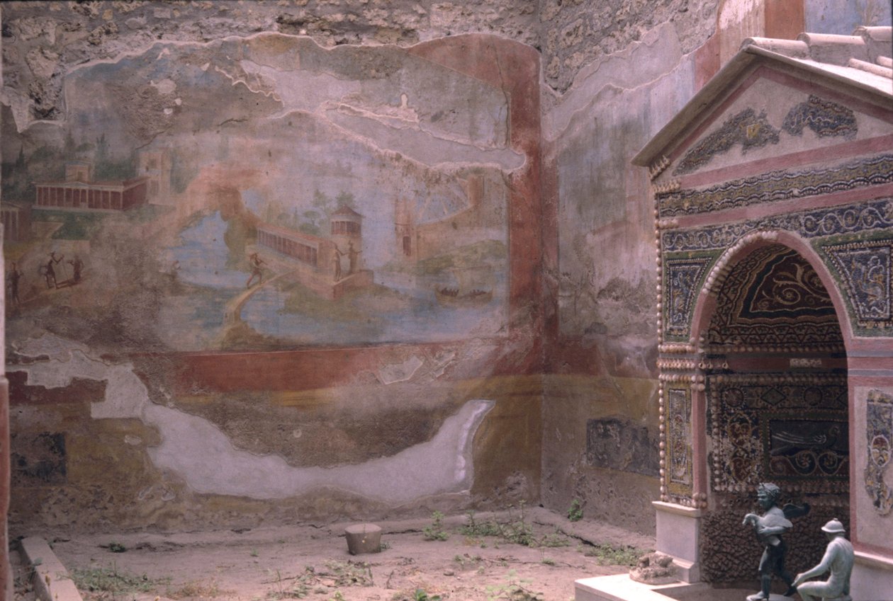 Pompei, Casa di Diana, fontana e pittura murale ad anfiteatro, Italia (foto) da Roman Roman