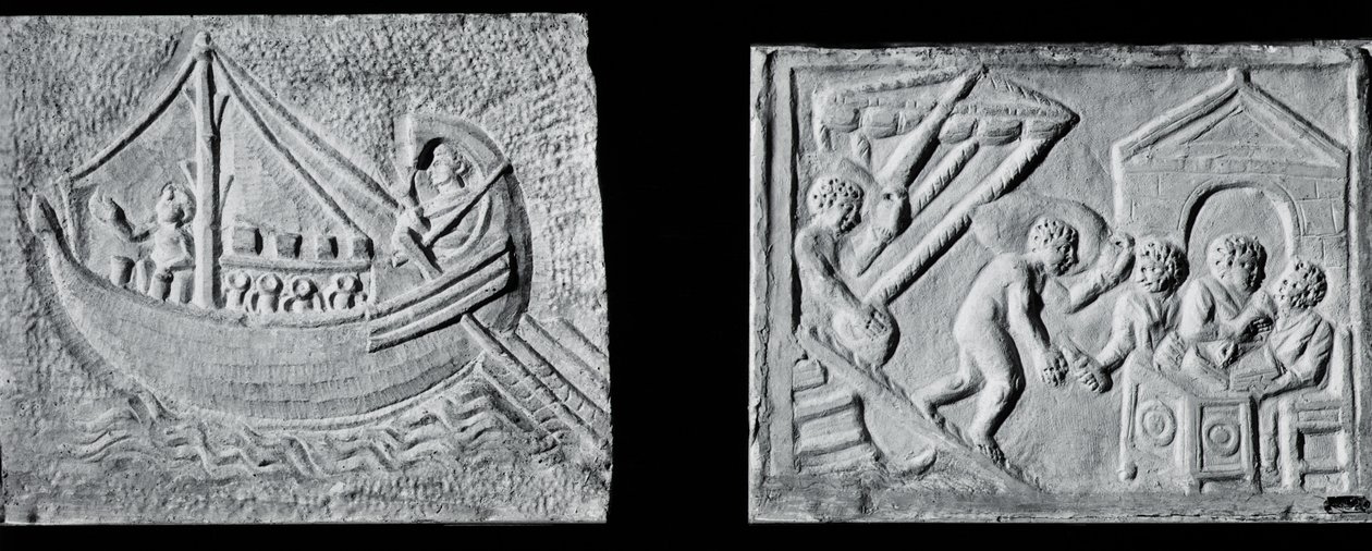 Rilievo raffigurante una nave mercantile (Museo Nazionale, Roma) e rilievo raffigurante lo scarico di una nave (Museo Torlonia, Roma) III o IV secolo da Roman Roman