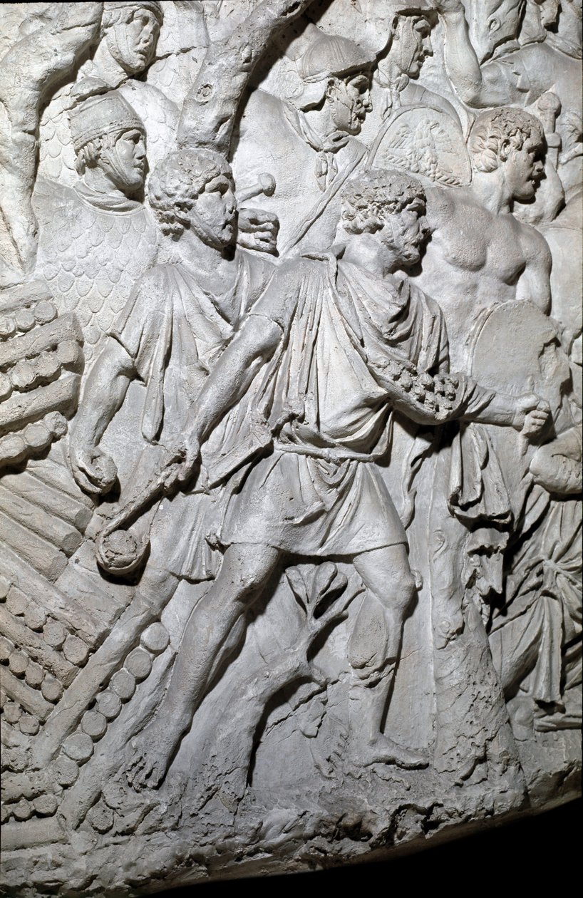 Arte romana: guerrieri daci che usano una catapulta durante la prima guerra in Dacia. Stampo del 1862 che riproduce i bassorilievi della colonna di Traiano a Roma costruita durante il regno dell