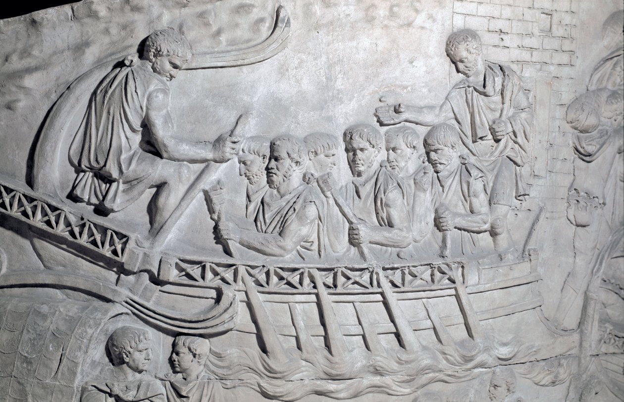 Arte romana: soldati romani su una galea sul Danubio durante la Prima Guerra in Dacia. Stampo del 1862 che riproduce i bassorilievi della colonna di Traiano (Colonna Traiana) a Roma costruita durante il regno dell