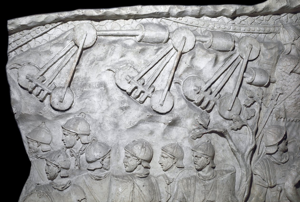 Arte romana: macchine da guerra durante la Seconda Guerra. Stampo del 1862 che riproduce i bassorilievi della colonna di Traiano (Colonna Traiana) a Roma costruita durante il regno dell