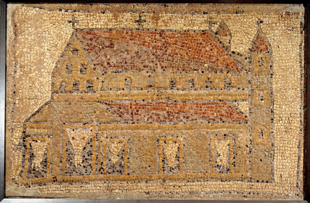 Arte romana: mosaico di una basilica rappresentata in prospettiva, seconda metà del 5° secolo, Vicino Oriente - Parigi, Museo del Louvre - Arte romana: mosaico di Qabr Hiram vicino a Tiro in Fenicia, da una chiesa bizantina (paleocristiana) dedicata a San  da Roman Roman
