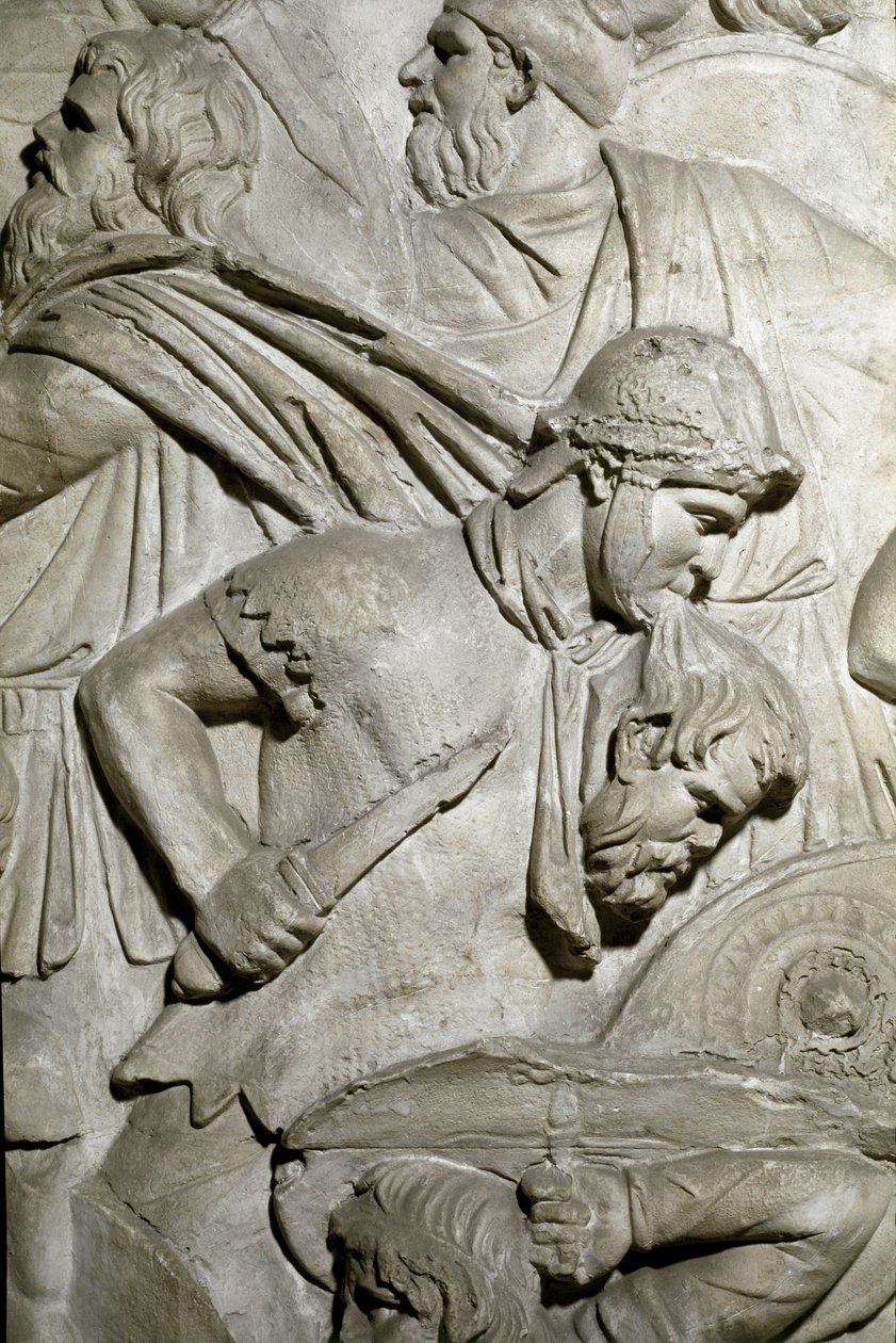 Arte romana: guerriero romano che tiene tra i denti la testa di un guerriero nemico. Calco del 1862 che riproduce i bassorilievi della Colonna Traiana a Roma da Roman Roman