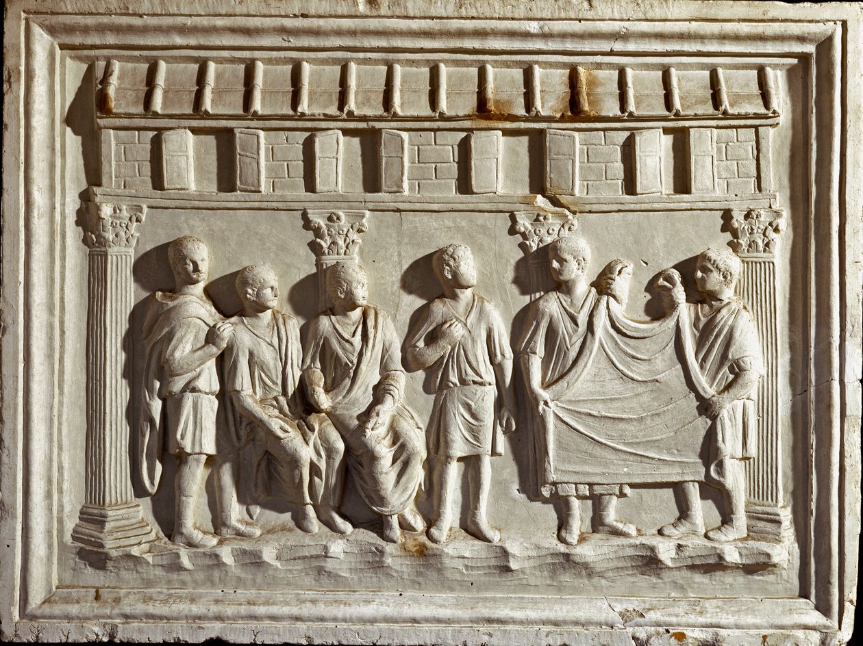 Arte romana: calco a basso rilievo che rappresenta un tessuto e arazzi. Da un originale del II secolo d.C. Roma, Museo della Civiltà Romana da Roman Roman