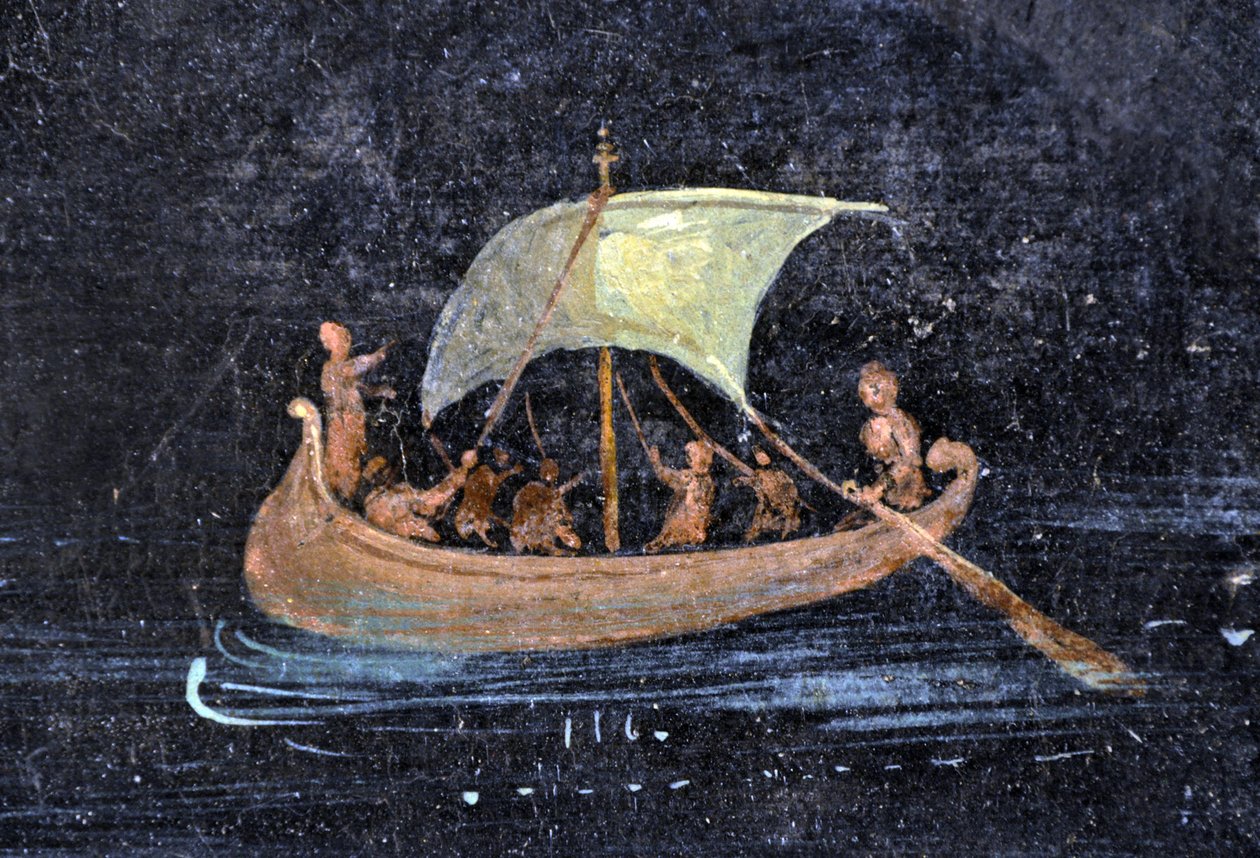 Arte romana: scena fluviale - barca e marinai su un fiume - frammento di un affresco di Pompei conservato al Museo Archeologico di Napoli, Italia da Roman Roman