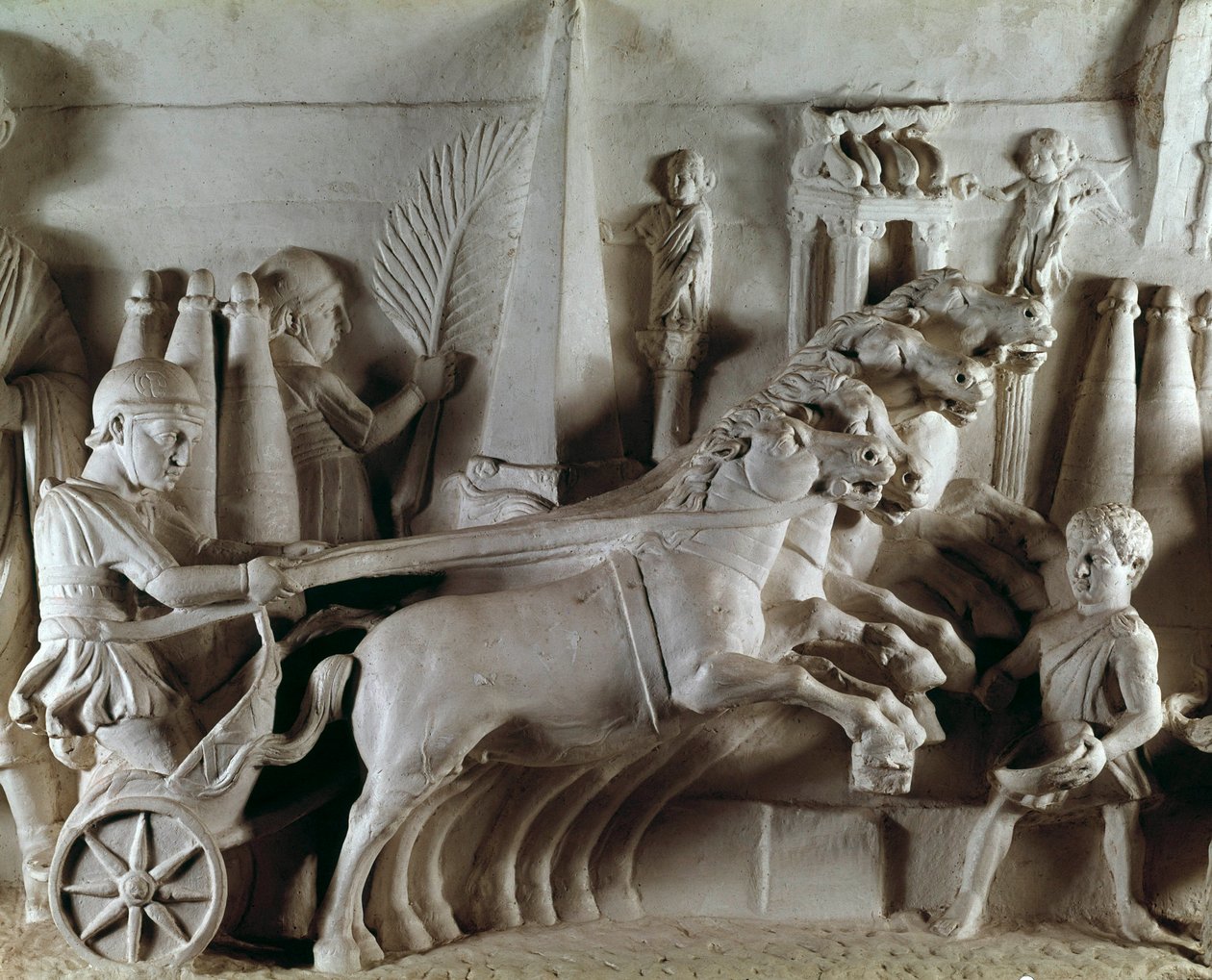 Arte romana: rilievo scolpito che rappresenta un quadriga, carro trainato da quattro cavalli. Museo delle Antichità Romane, Roma da Roman Roman