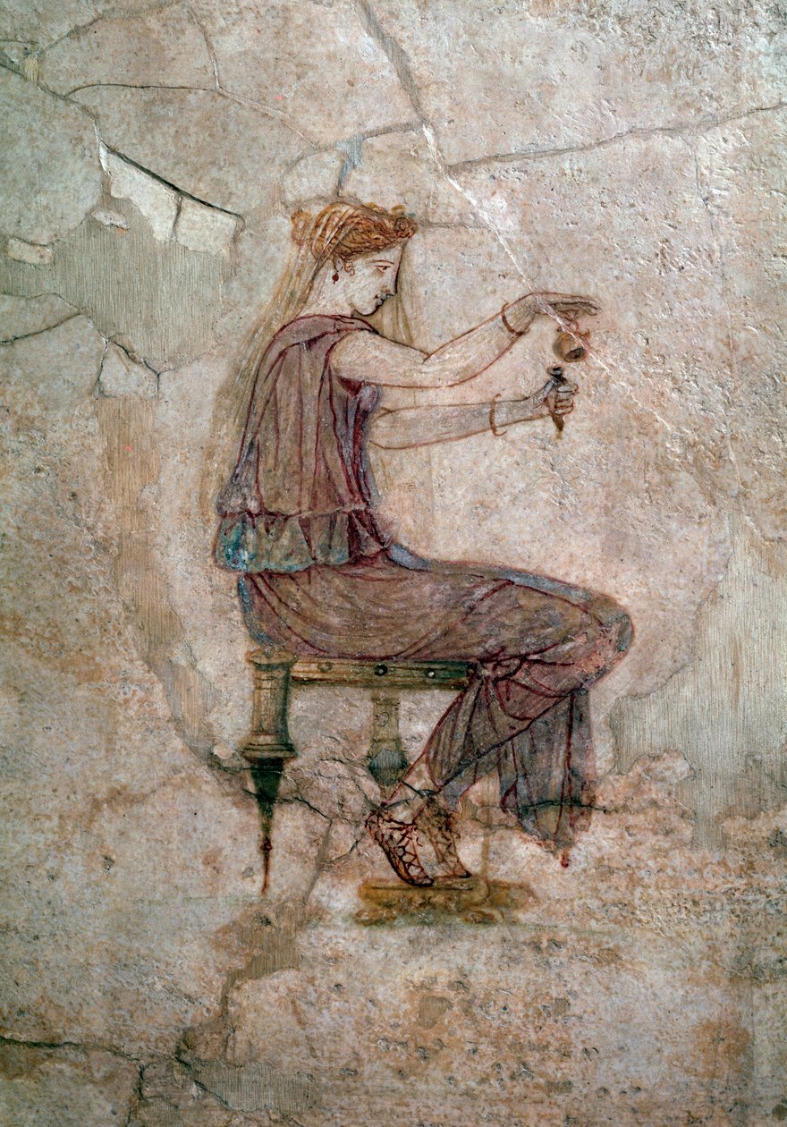 Donna seduta che versa profumo in un vaso da Roman Roman