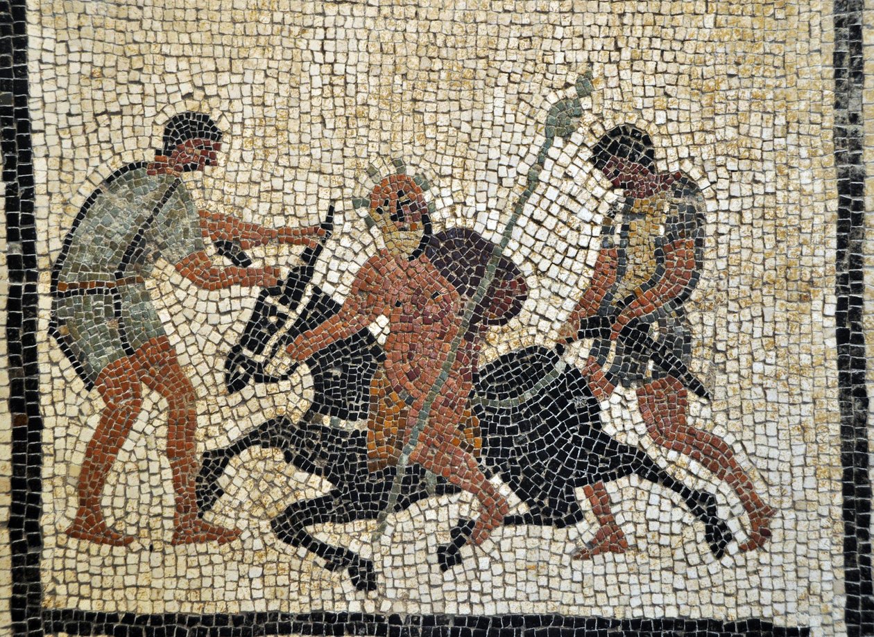 Sileno ebbro: Sileno ubriaco cavalca un asino tenuto da due servi. Mosaico da Pompei, casa di Paquius Proculus o C. Cuspius Pansa - Museo Archeologico Nazionale di Napoli, Italia - Foto Patrice Cartier da Roman Roman
