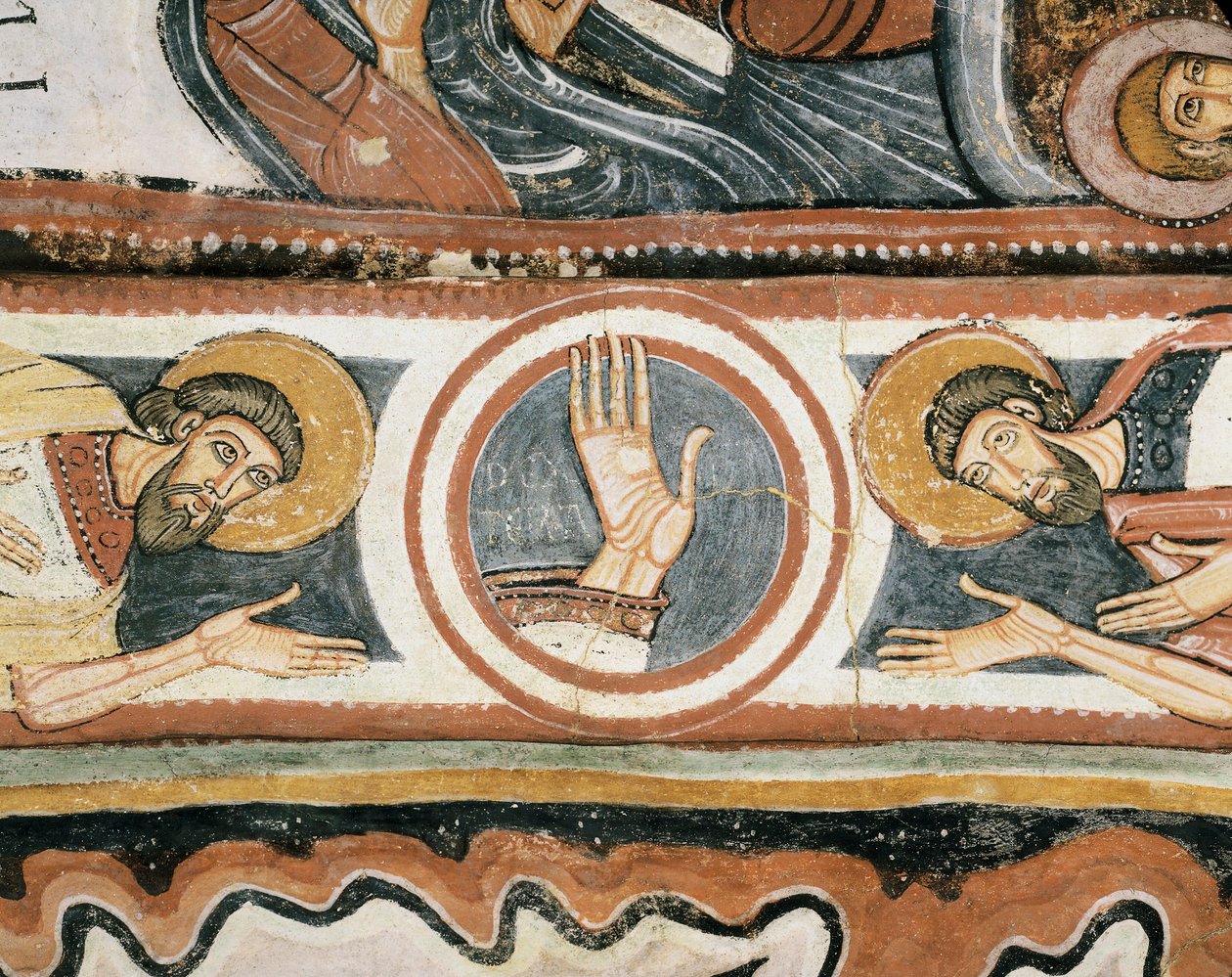 Arte romanica: La mano destra di Dio e i patriarchi Elia e Enoch. Dettaglio. Affresco della scuola di León (Spagna). 1132. Santuario della Vergine del Camino da Romanesque