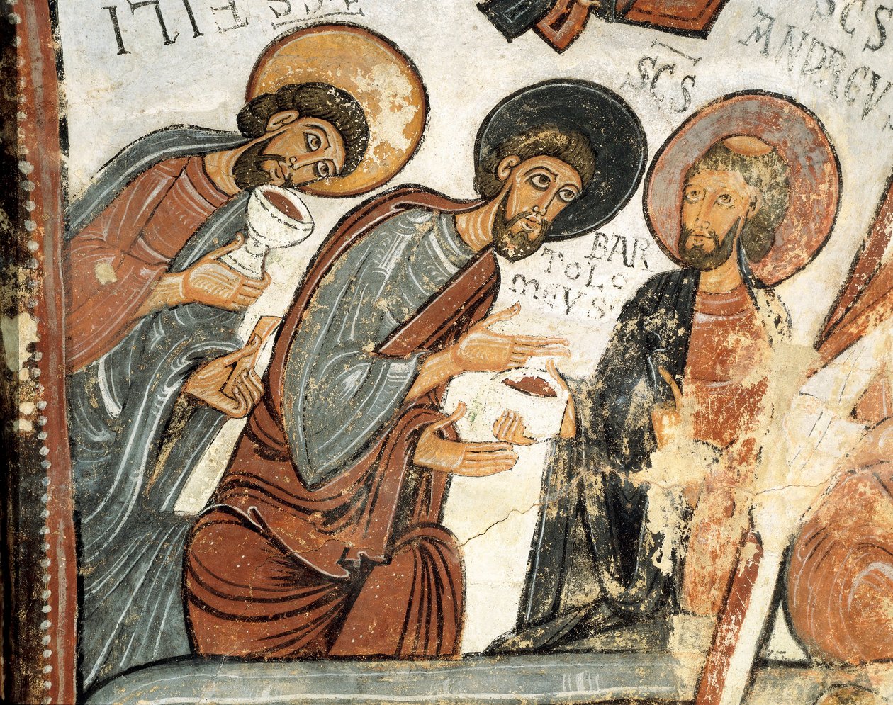 Arte romanica: gli apostoli Filippo, Bartolomeo e Andrea. Affresco del Voto della Cena, Chiesa di San Isidoro XII secolo Real Colegiata di San Isidoro, León da Romanesque