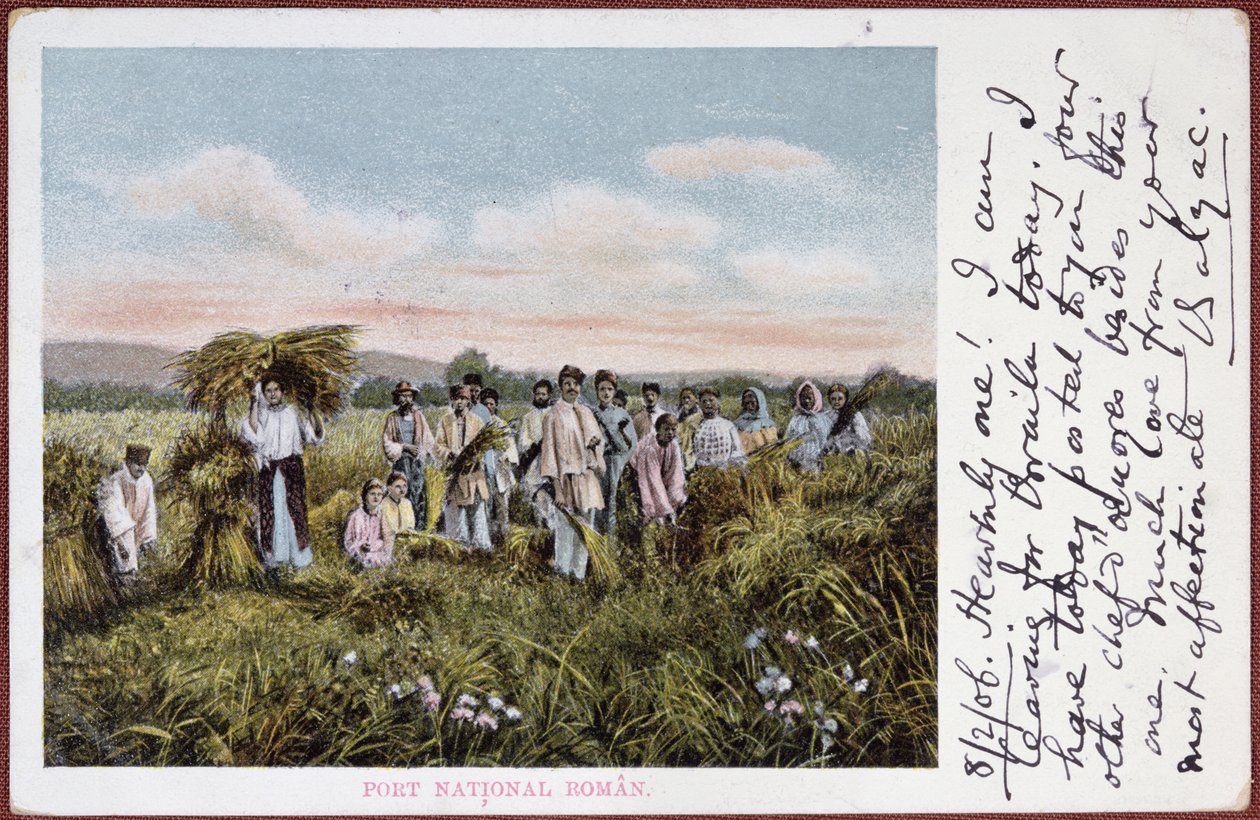 Cartolina raffigurante contadini rumeni durante la raccolta, 1906 da Romanian School