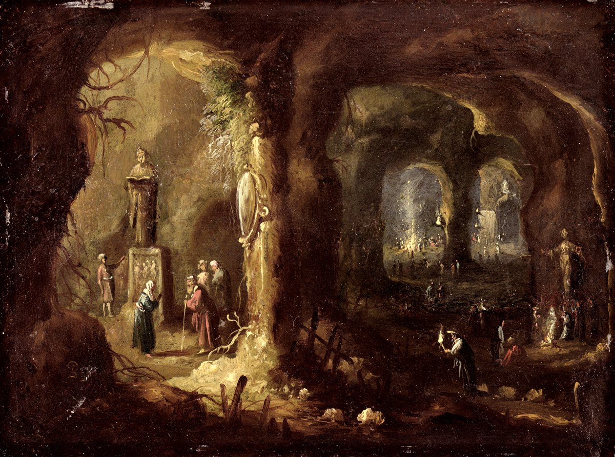 Grotta con statue e numerose figure che adorano idoli (San Simeone Stilita) da Rombout van Troyen