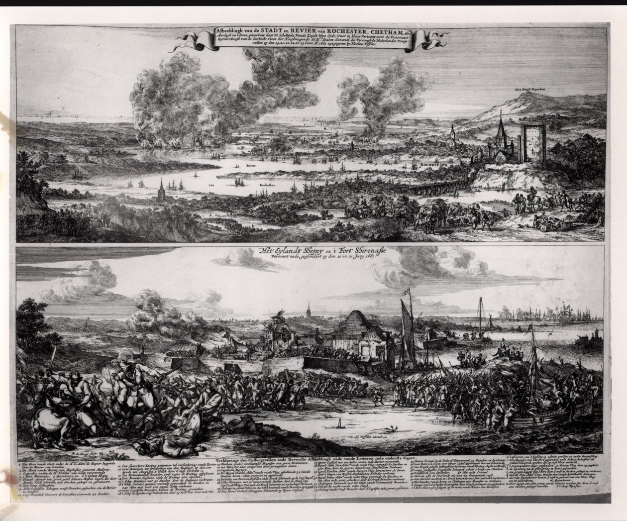 Attacco olandese sul fiume Medway, 20 e 21 giugno 1667, inciso da Nicolas Visscher da Romeyn de Hooghe