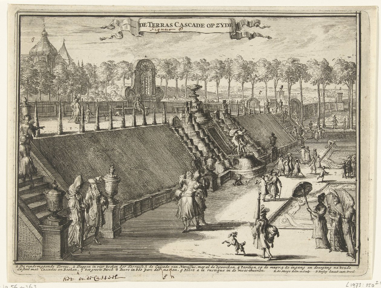 Veduta (di lato) di una cascata a terrazza nel parco del Palazzo Het Loo da Romeyn de Hooghe