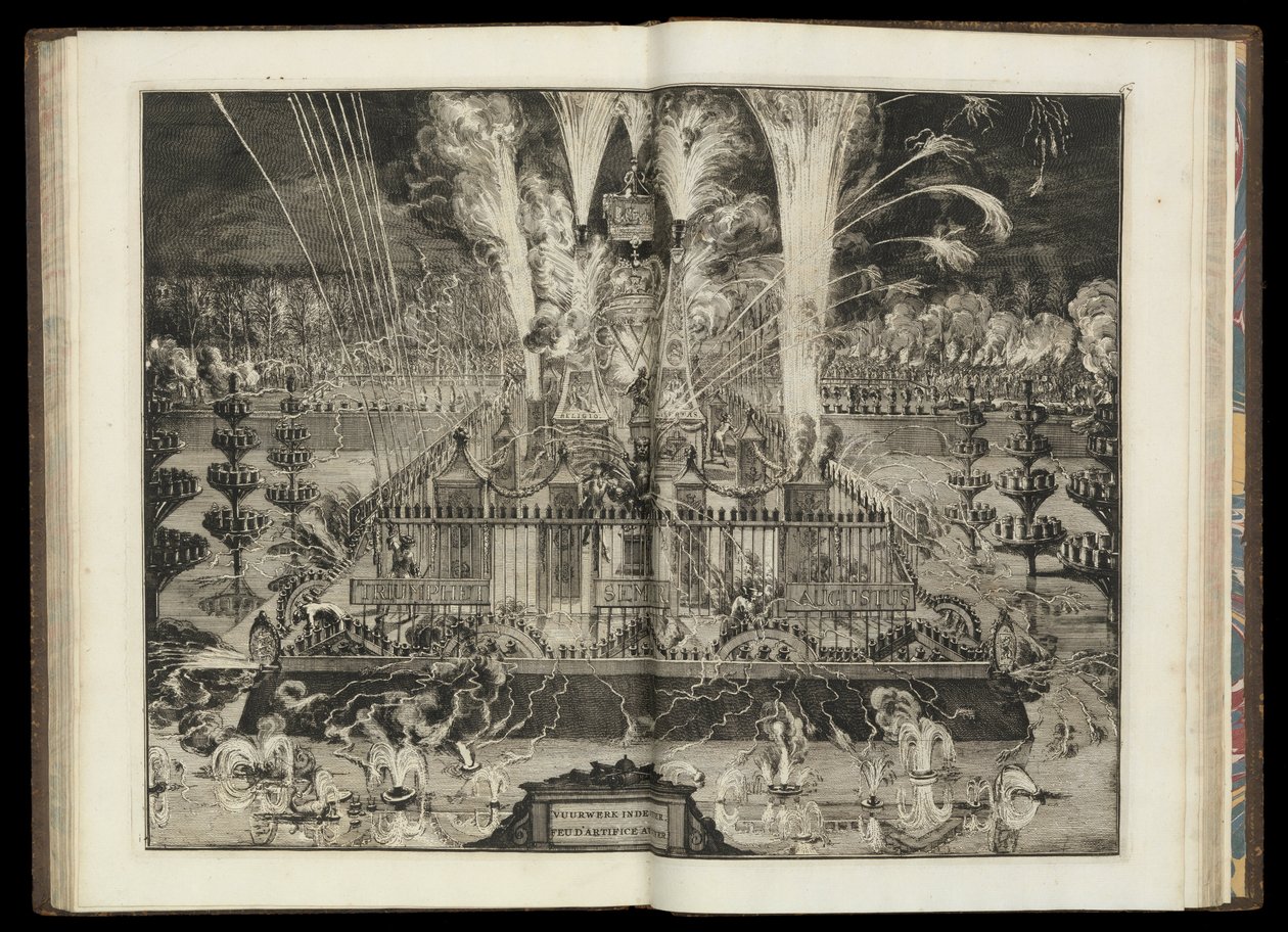 Grande spettacolo pirotecnico. Da "Il ritorno trionfale di Sua Maestà Britannica in Olanda" (CBL AL 146, pl.67) da Romeyn de Hooghe