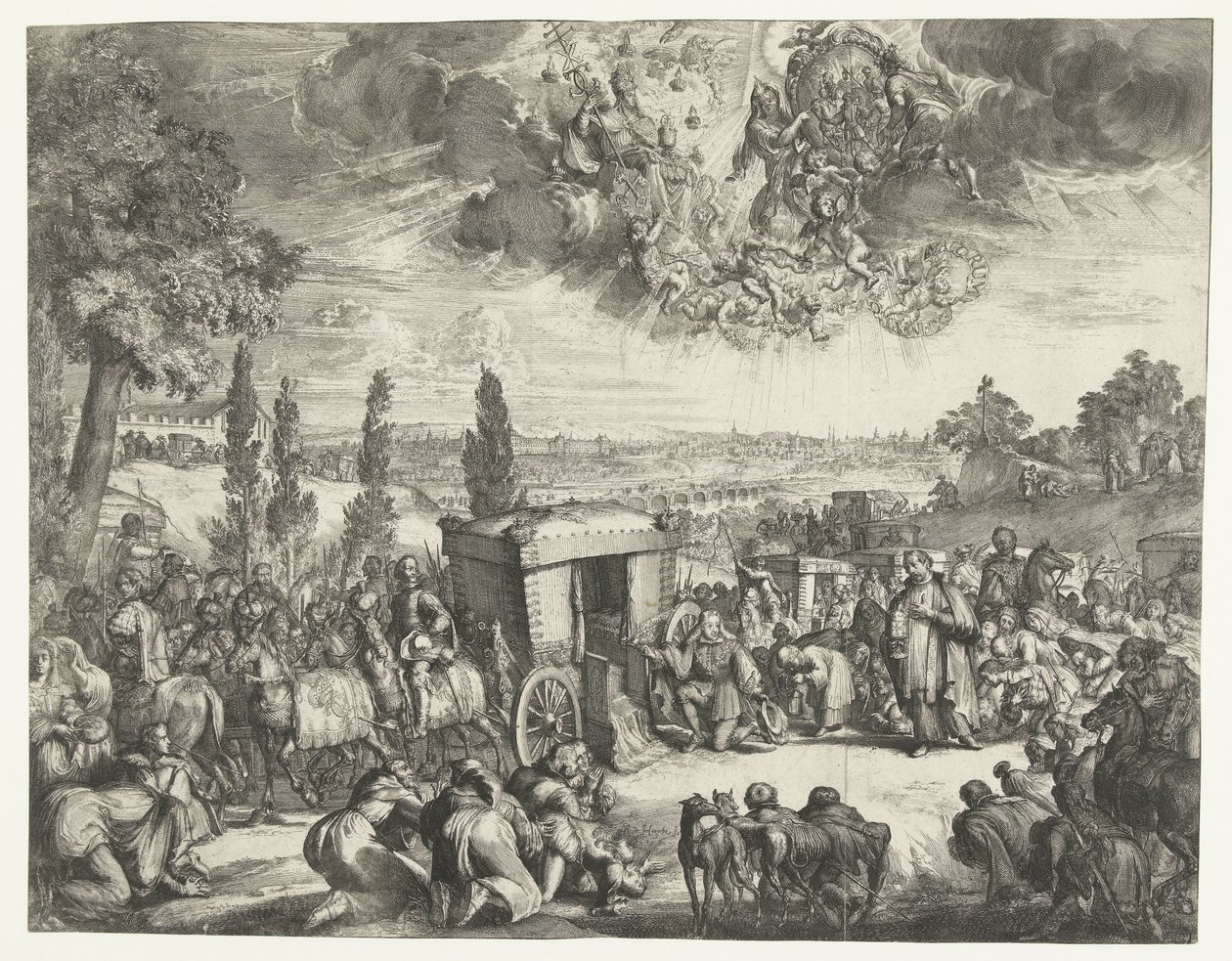 Carlo II di Spagna inginocchiato vicino a una carrozza da Romeyn de Hooghe