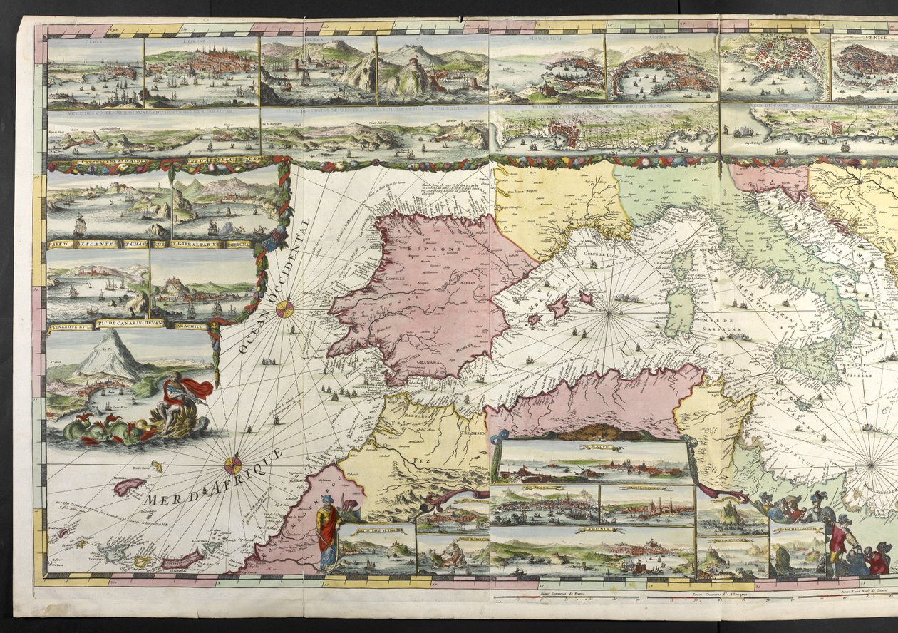 Mappa del Mediterraneo con figure allegoriche e mostri marini che abbelliscono gli inserti, da 