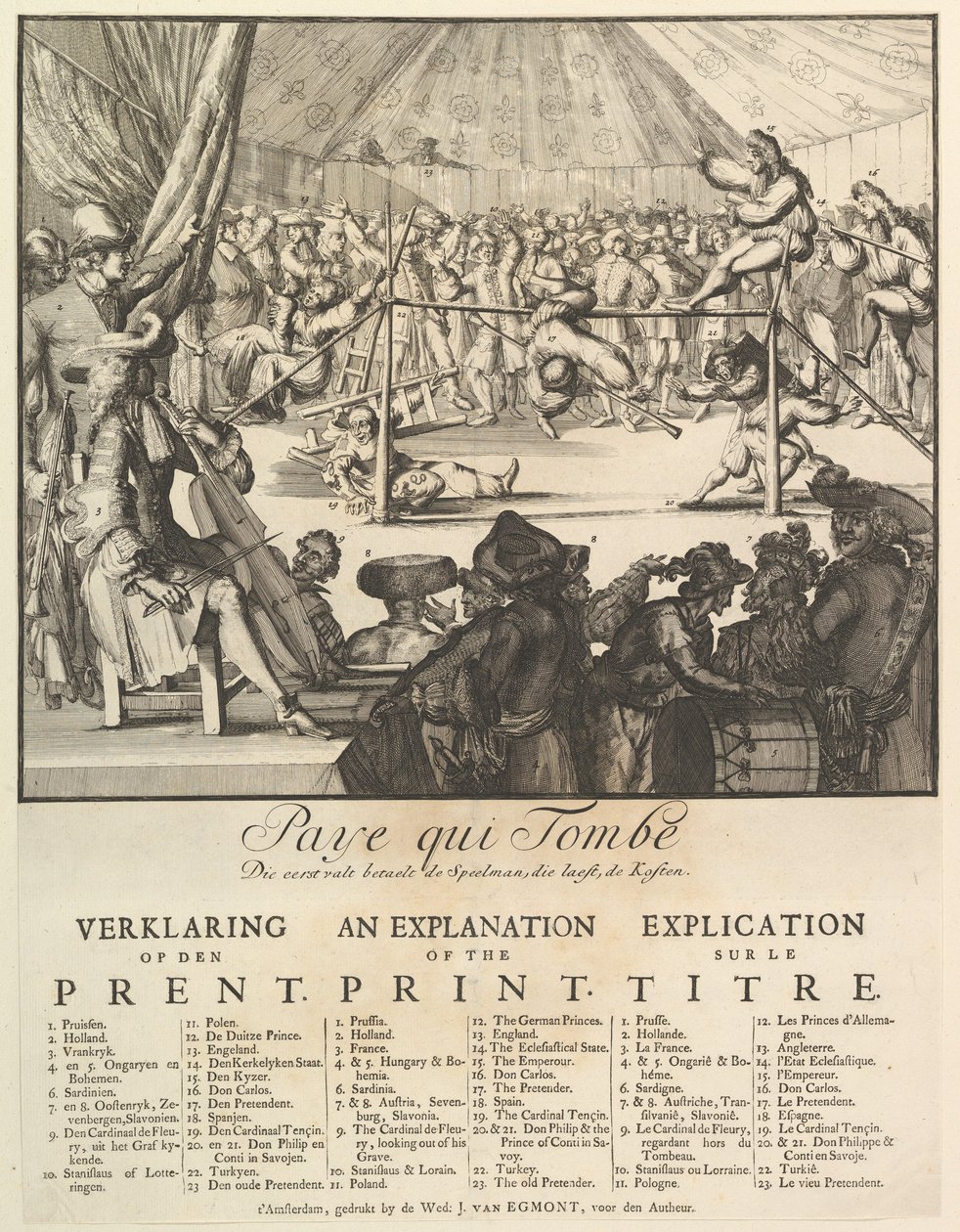 Paye qui Tombe: Die eerst valt betaelt de Speelman, die laest, de Kosten La caduta di... da Romeyn de Hooghe
