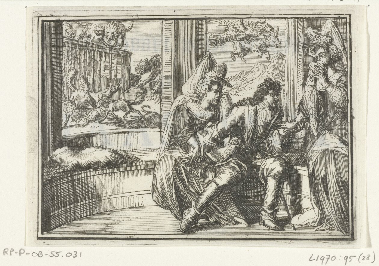 Frontespizio per il pamphlet: De Hobbel in de Wacht, op de Haasejagt, 1702 da Romeyn de Hooghe