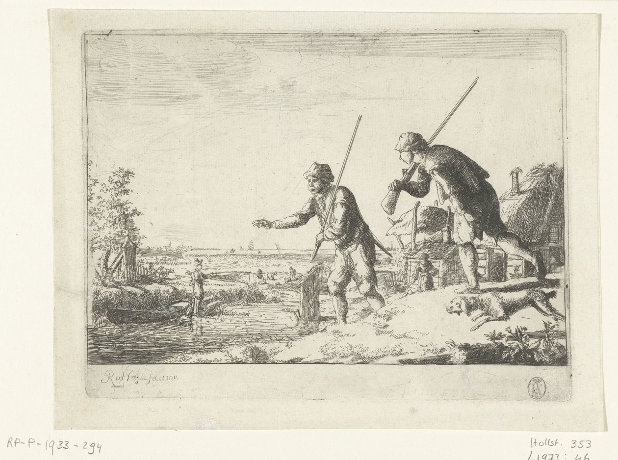 Due soldati vicino alla riva di un fiume da Romeyn de Hooghe