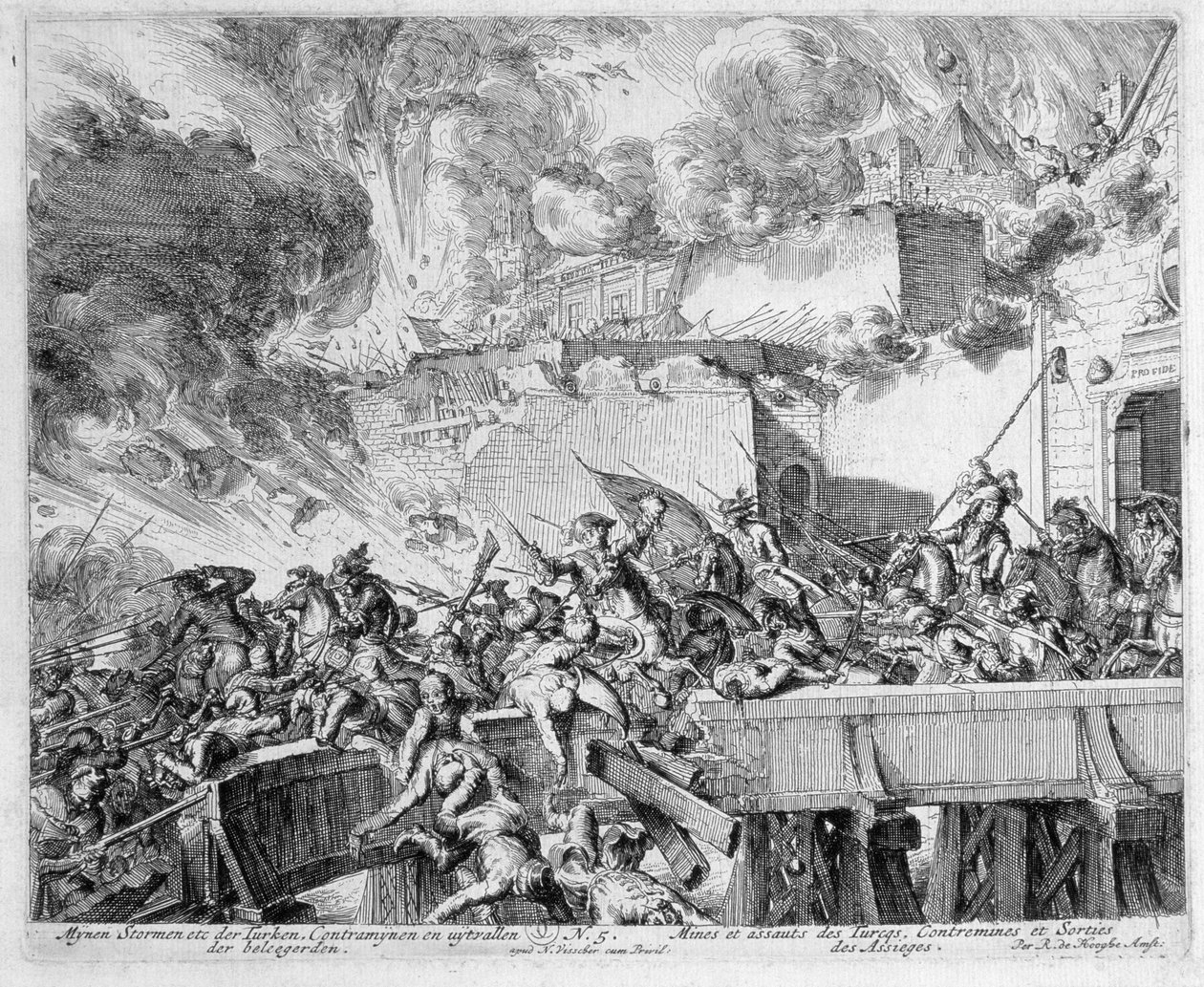 Ciclo di stampe di Vienna, Esplosione di una mina e contromina, Incursione sui Turchi, 1683 da Romeyn de Hooghe