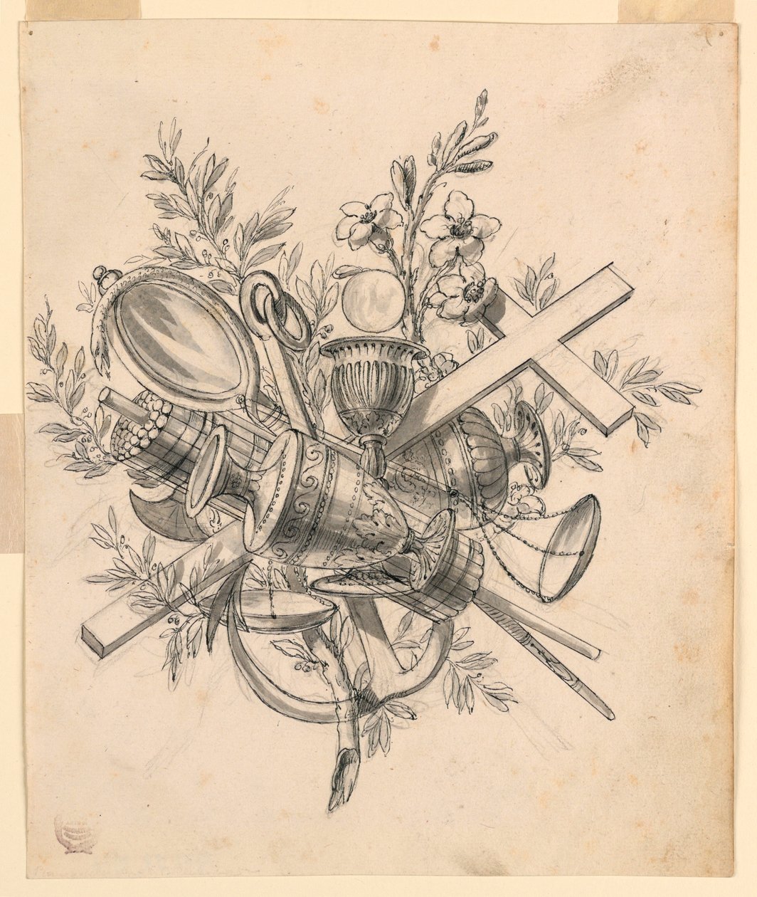 Disegno, Trofeo con simboli delle virtù, 1830-1850 da Romolo Achille Liverani