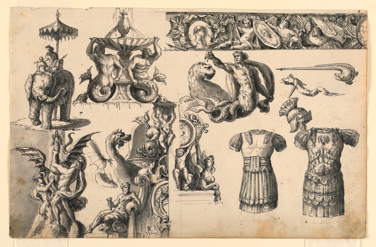 Motivi decorativi, tre disegni per fontane da Romolo Achille Liverani
