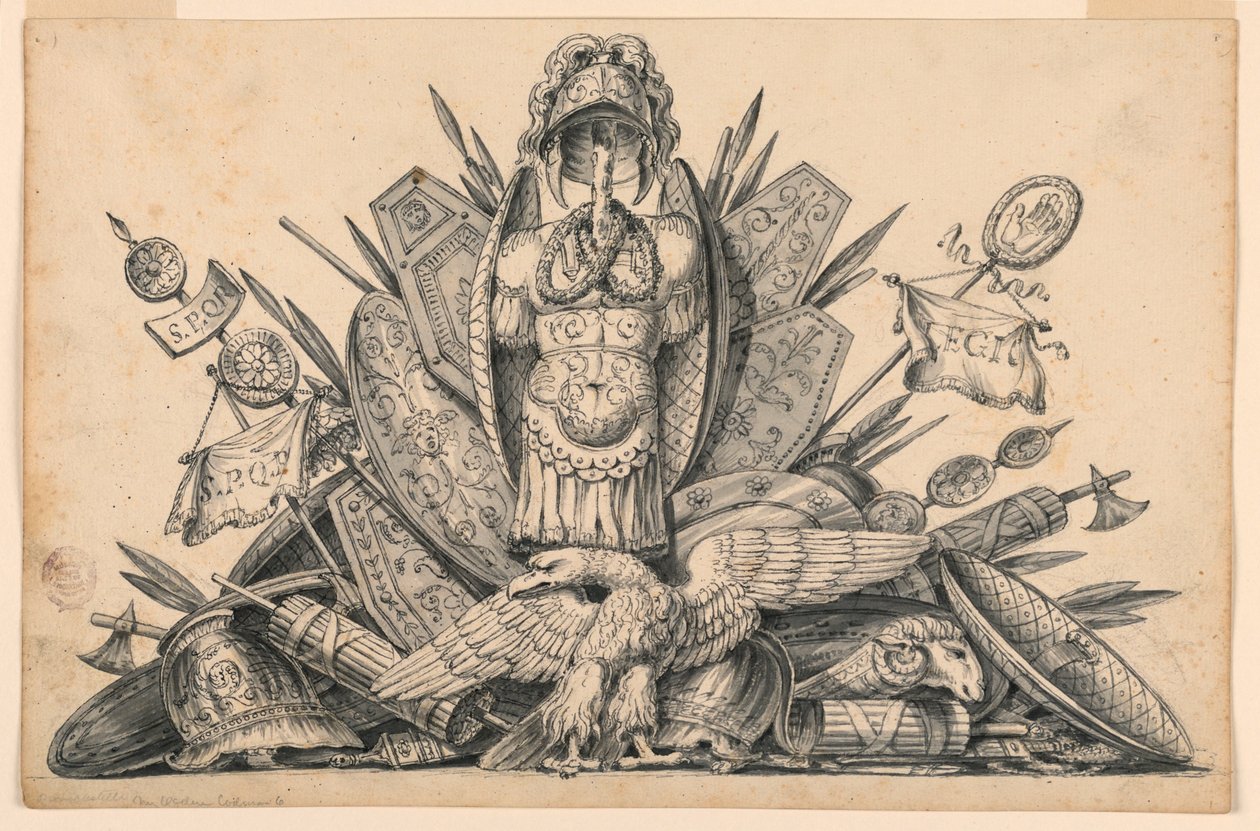 Disegno, Trofeo di armi destinato a essere eseguito in pittura, 1830-1850 da Romolo Achille Liverani
