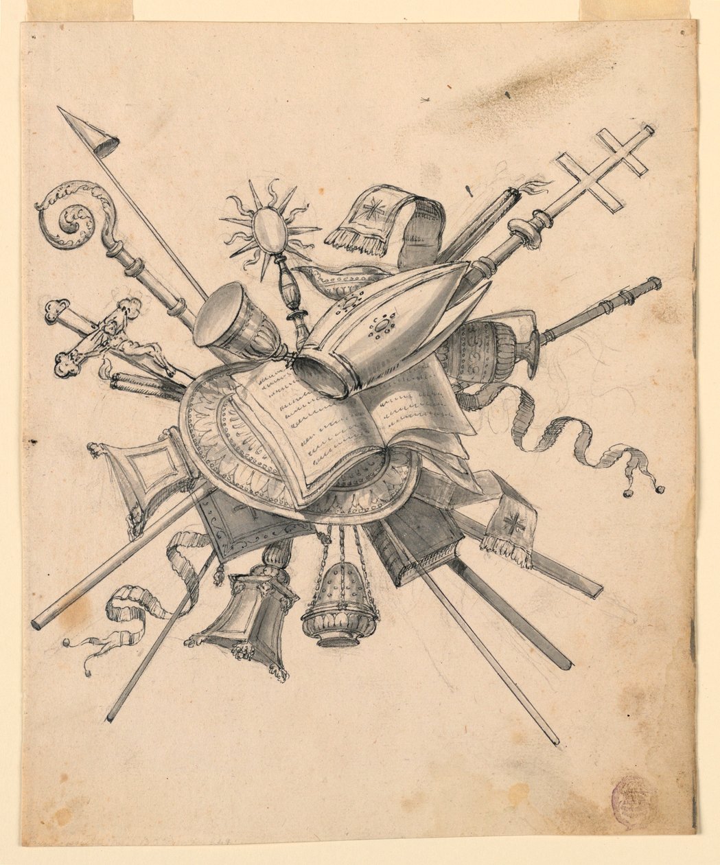 Disegno, Trofeo con oggetti ecclesiastici, 1830-1850 da Romolo Achille Liverani