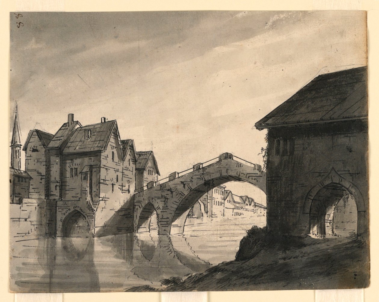 Scenografia, ponte sul fiume in una città da Romolo Achille Liverani