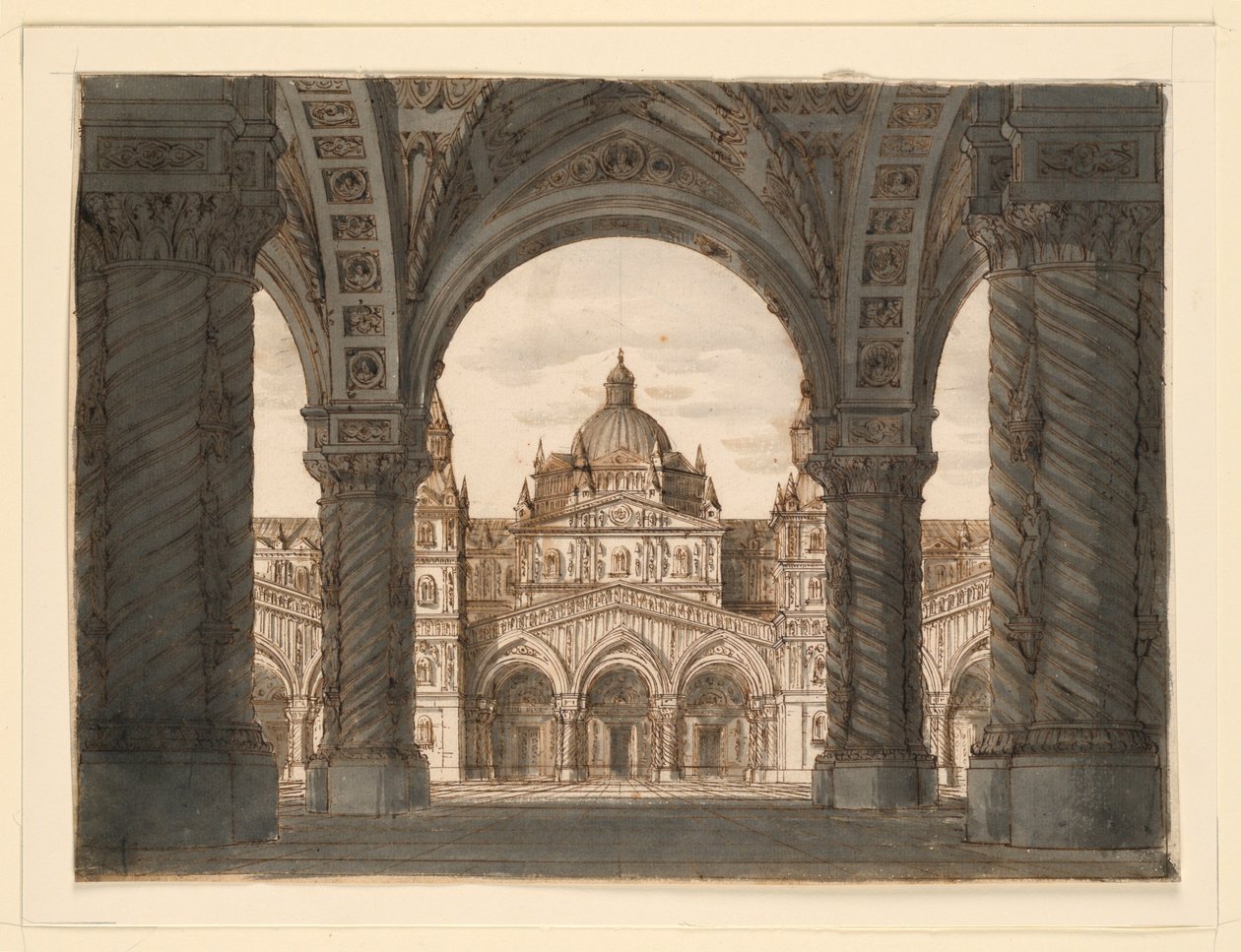 Scenografia, Facciata della Chiesa da una Loggia, I due Valdomiri di Felice Romani, musica di Pietro de Winter. Eseguito alla Scala, Milano, 1818 da Romolo Achille Liverani